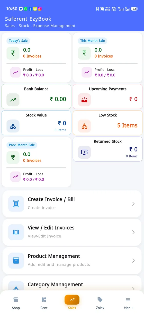 The SafeRent sales screen, showing sales for the day and month, profit and loss, bank balance, stock value and low stock warnings.