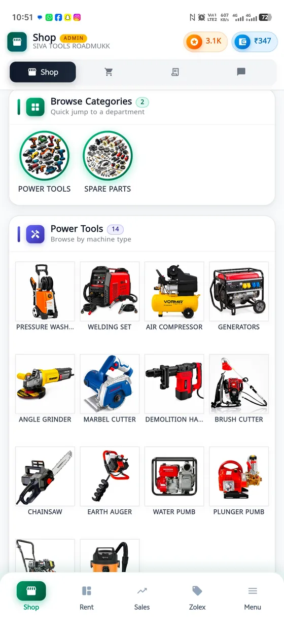 The SafeRent shop, with power tools and spare parts browsable by machine type.