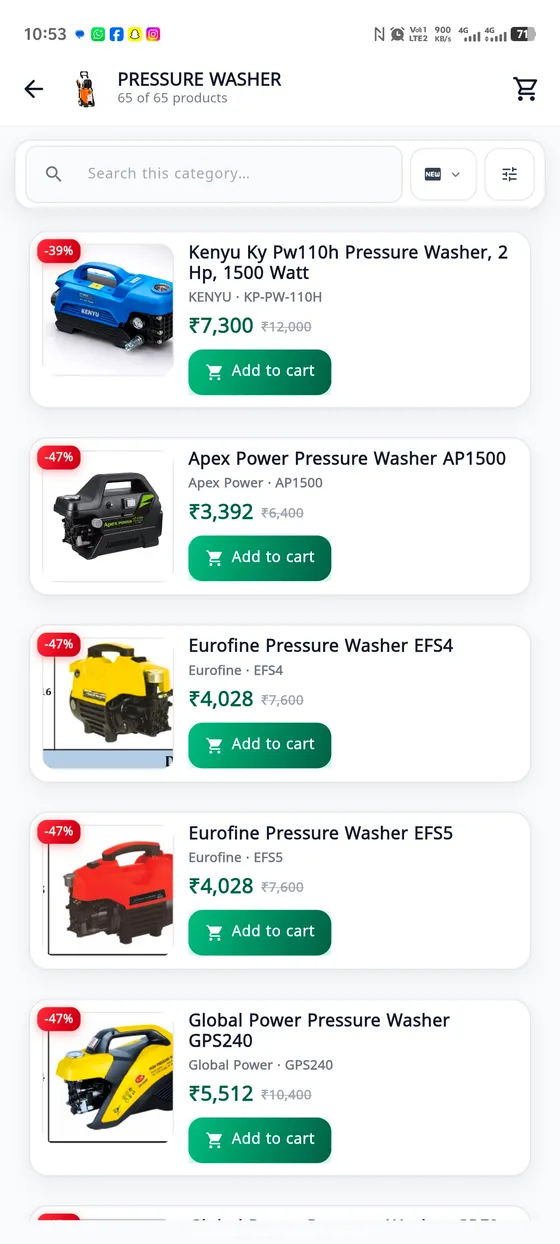 A category listing in the SafeRent shop, showing pressure washers from several brands with shop prices against MRP.