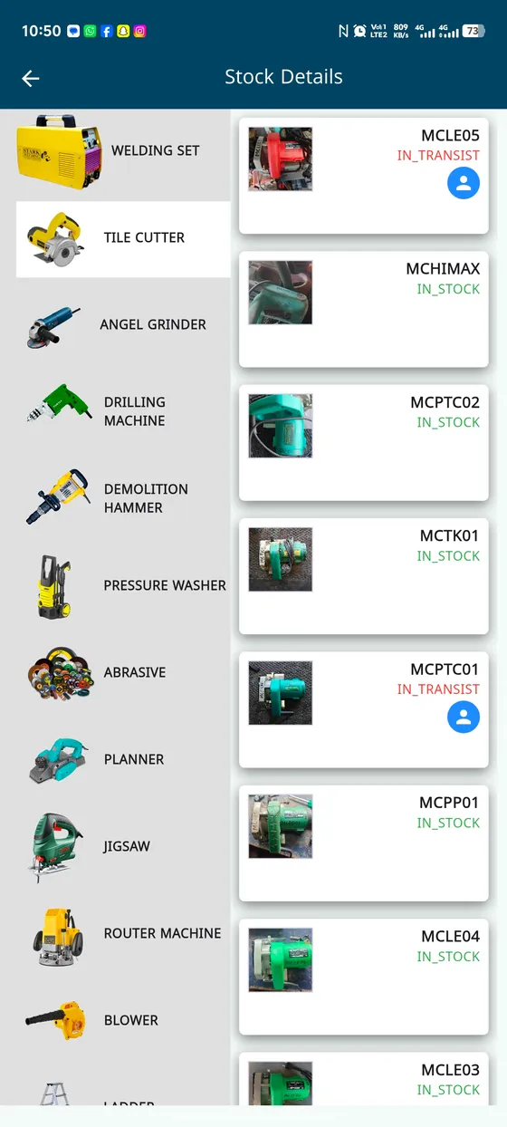 The SafeRent stock screen, listing machines by category with each unit’s code and whether it is in stock or out with a customer.